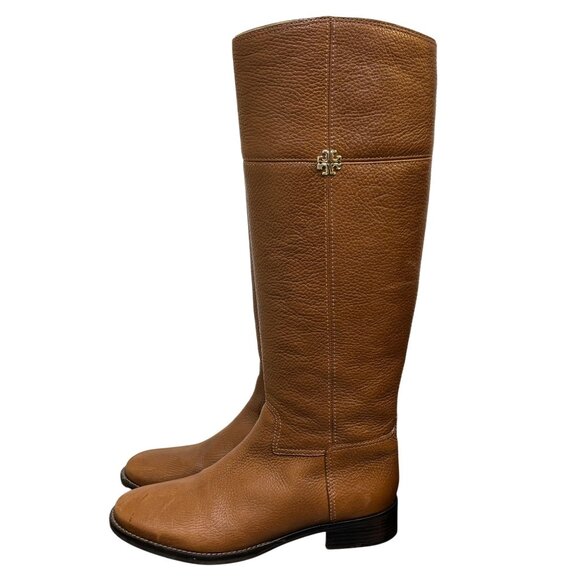 Tory Burch Brown Leather Riding Boots Size 8 With Gold Logo Detail - Picture 7 of 12